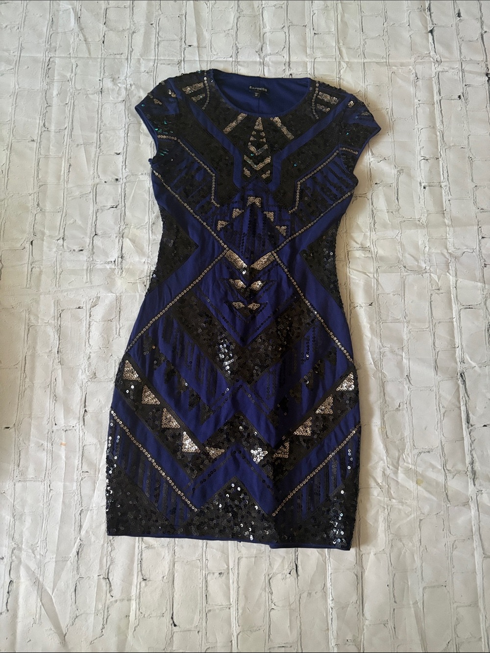 Express Blue and Black Sequin Mini Dress